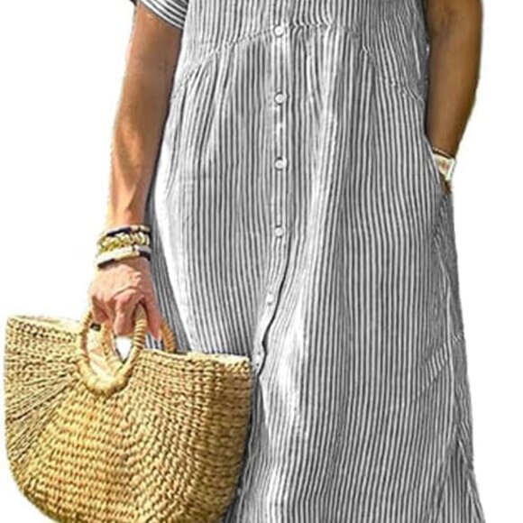 Women's Summer Striped Midi Long Shirt Dress Casual Loose Short Sleeve Button Do - Picture 1 of 2